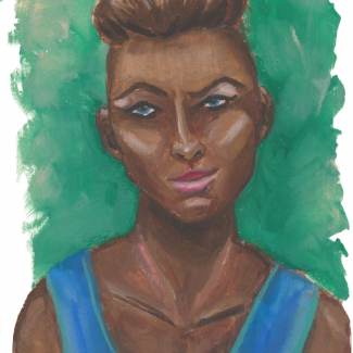 A gouache portrait of Beauregard Lionett from Critical Role, she has brown skin, blue eyes, and a lot of attitude.