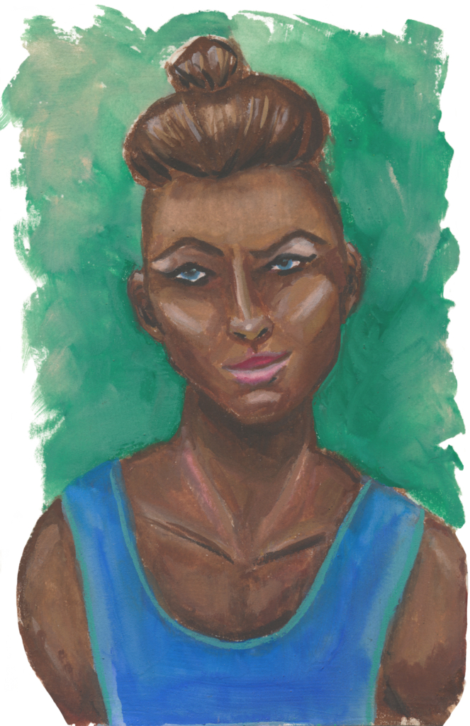 Een gouache portret van Beauregard Lionett van Critical Role, ze heeft een bruine huid, blauwe ogen, en veel attitude.