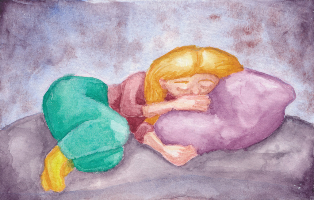 Een aquarel illustratie van een slapende vrouw die opgerold tegen een paars kussen aanligt.