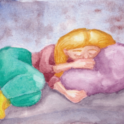 A watercolor illustration of a woman curled up sleeping on a purple pillow in a vague dreamline place.