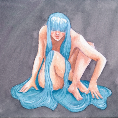 A watercolor painting of a naked woman crouching down, her hair looks like water streaming down over her body and pooling underneath her. Her eyes are covered by bangs.