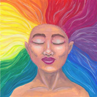 A gouache painting of a calm woman with her eyes closed. Her hair has rainbow colors and streams in all directions away from her head.