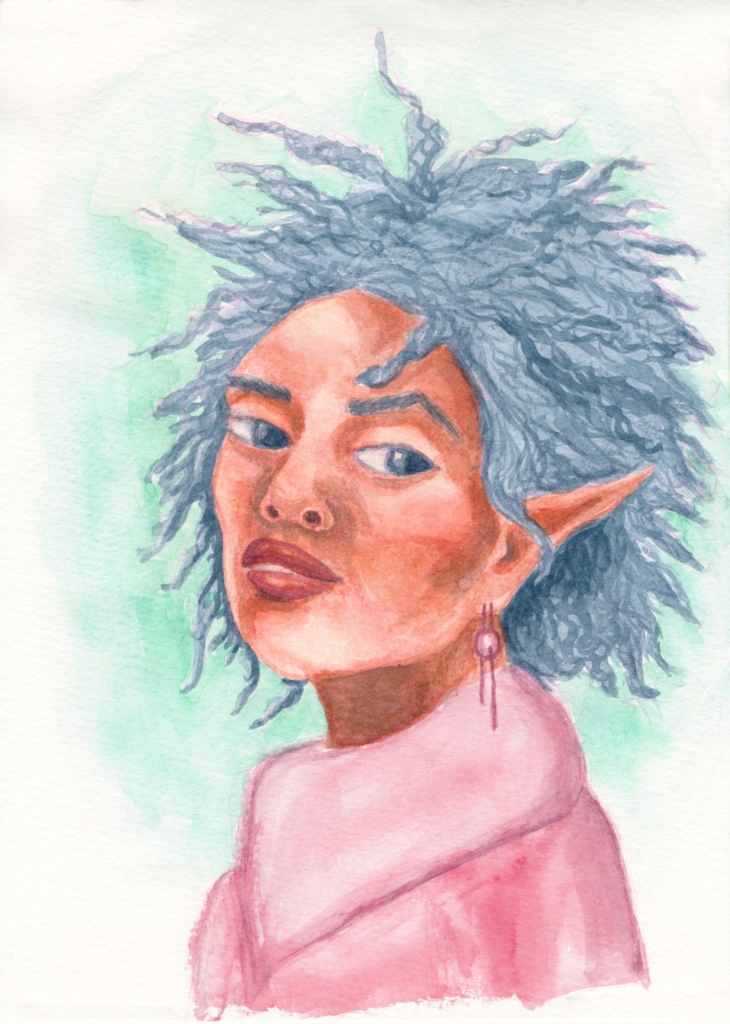 A watercolor portrait of an Elven woman, she has earthtones skin and wild blue hair.