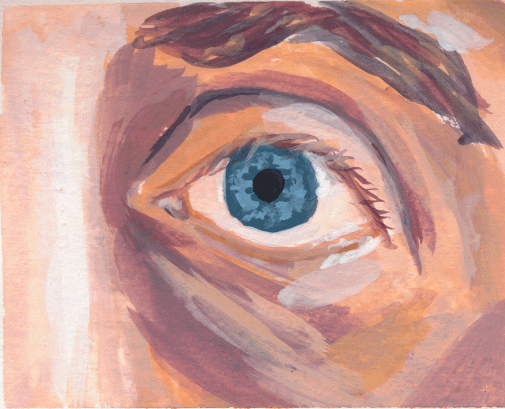 A moving gouache painting of an eye, blinking and coming closer to the viewer