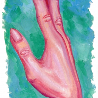 A gouache painting of a in red and pink colors held up, the nails are long and come to a point, the background is blues and greens.