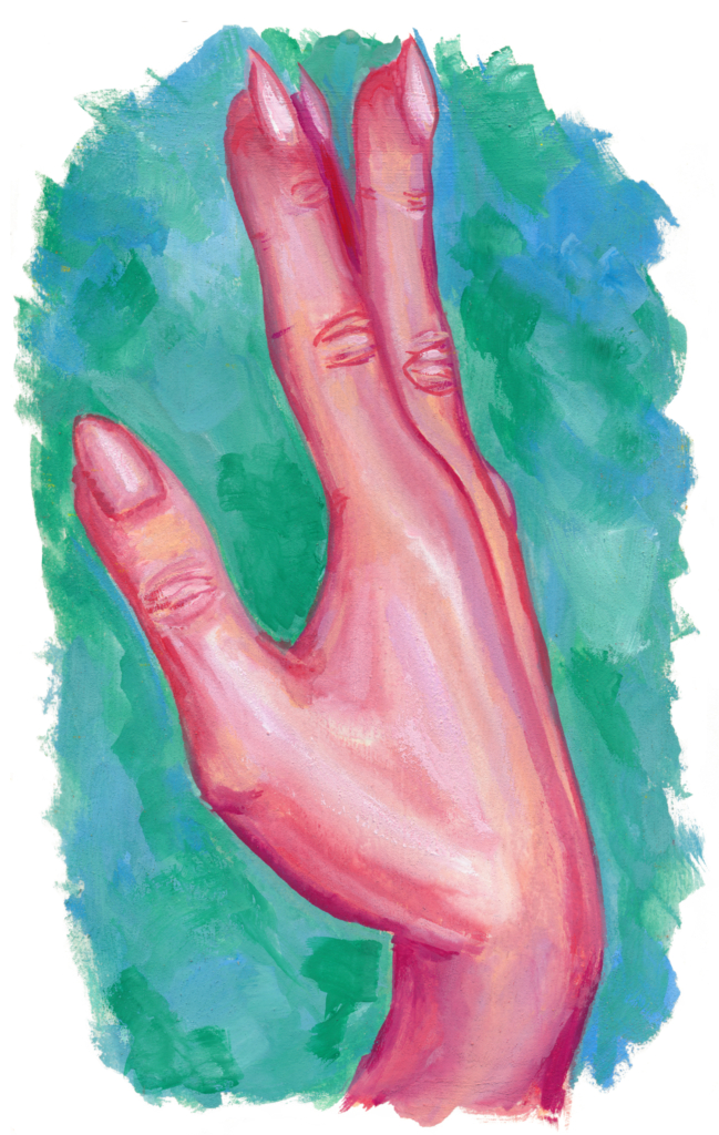A gouache painting of a in red and pink colors held up, the nails are long and come to a point, the background is blues and greens.