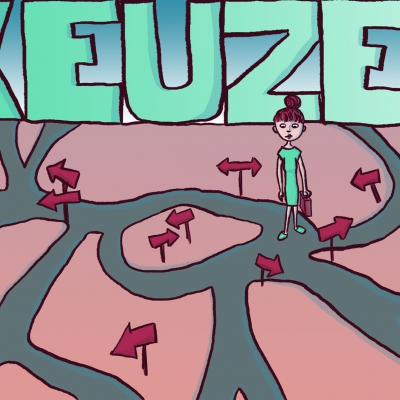 A digital illustration of a young woman who sees all sorts of different paths in front of her, behind her stands a very big word: 'keuzes', Dutch for 'choices'.
