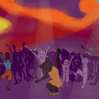 An illustration of a busy night club with psychedelic colors in the background. People on the foreground are moving and dancing.