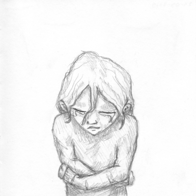 A pencil drawing of a person with tears in their eyes looking down and holding themselves.