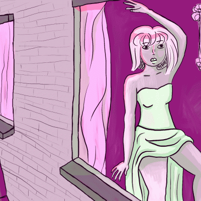An illustration of a woman behind a window, being viewed by someone from outside. Through her skin you can see appear the underlying seams of her robot body.