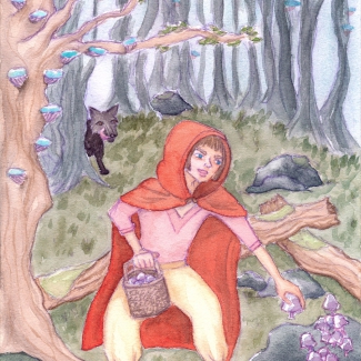A watercolor painting illustrating Little Red Riding Hood picking mushrooms in the forest. A black wolf is licking his lips in the background.