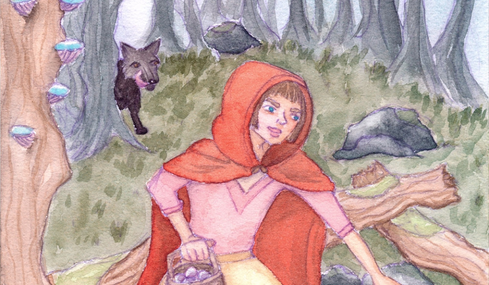 A watercolor painting illustrating Little Red Riding Hood picking mushrooms in the forest. A black wolf is licking his lips in the background.