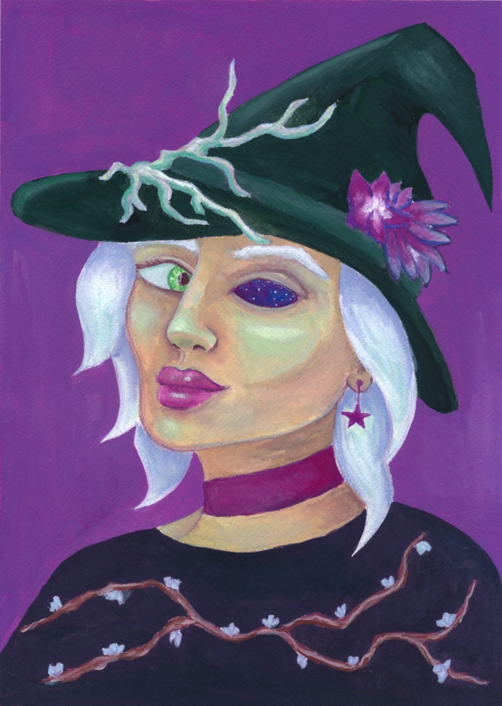 A gouache painting of a witch with one green eye and one eye socket full of stars and space, she's wearing a hat with flowers and vines on it.