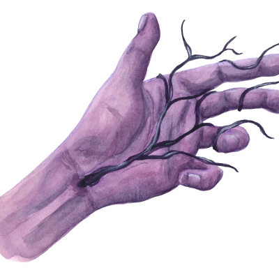 A watercolor painting of a purple hand with dark vines growing over it