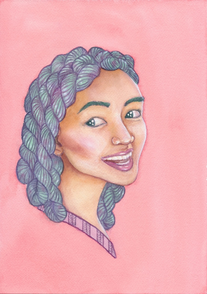 A watercolor painting of an asian woman with green and purple skeins of yarn as hair