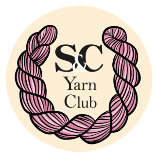 A round image of a logo with a pink skein of yarn like a laurel wreath around the text: S&C Yarn Club