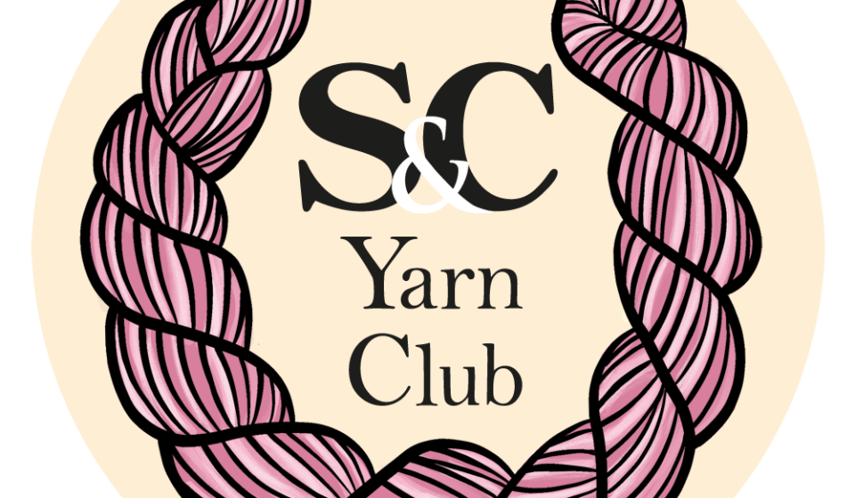 A round image of a logo with a pink skein of yarn like a laurel wreath around the text: S&C Yarn Club