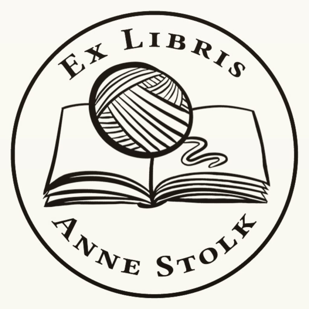An illustrated logo of an Ex Libris stamp depicting an open book with a ball of yarn on top